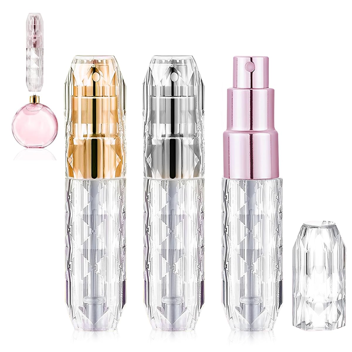 MAYCREATE 3pcs Mini Perfume Refill Bottle, 5ml Travel Refillable Perfume Bottle Atomizer, Stylish Acrylic Perfume Spray Bottle Self Pumping Dispenser for Women Men Gift MAYCREATE 3pcs Mini Perfume Refill Bottle, 5ml Travel Refillable Perfume Bottle Atomizer, Stylish Acrylic Perfume Spray Bottle Self Pumping Dispenser for Women Men Gift